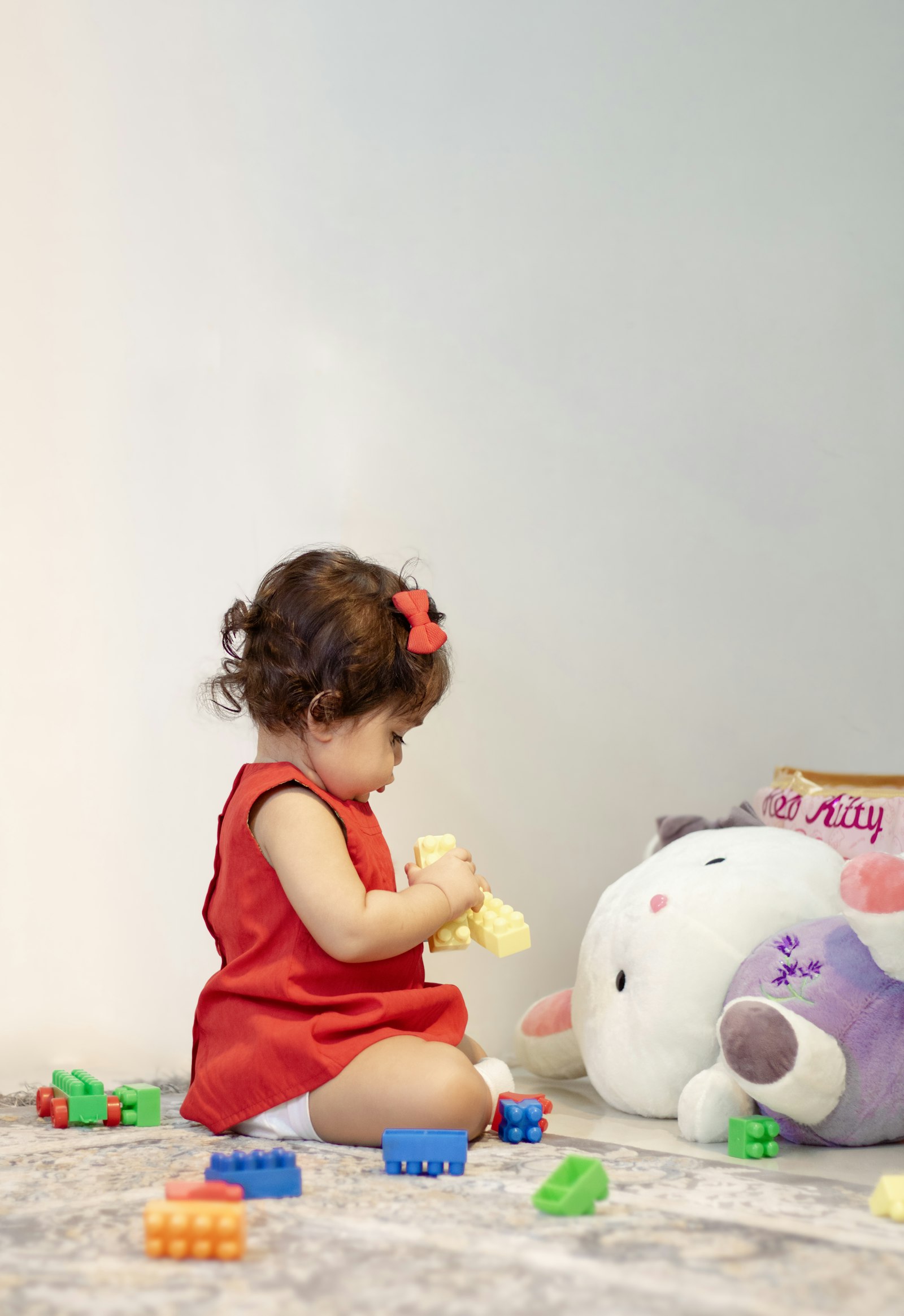 A toddler girl playing independently with a stuffed animal and building blocks